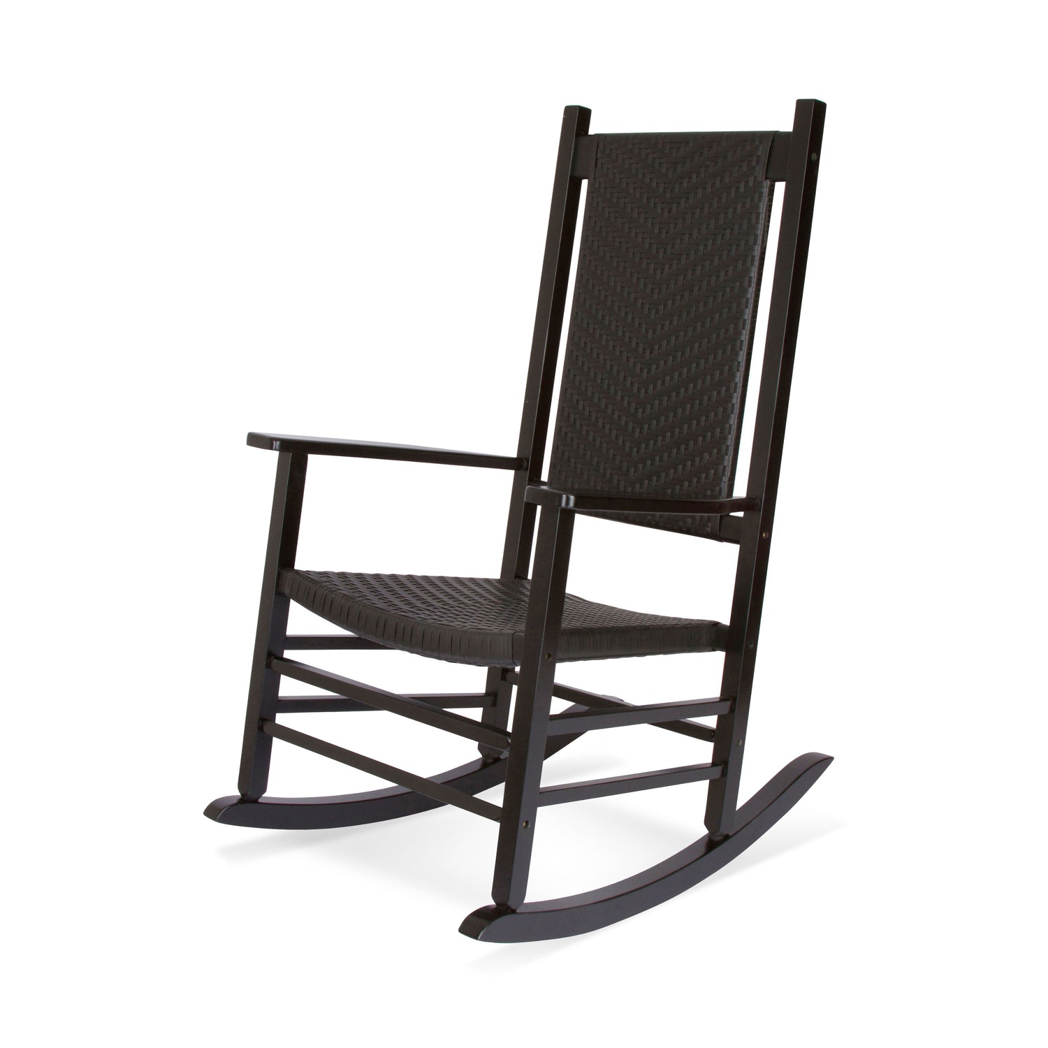 A black rocking chair with a woven wicker-style backrest and seat, shown from a three-quarter angle on a white background. 