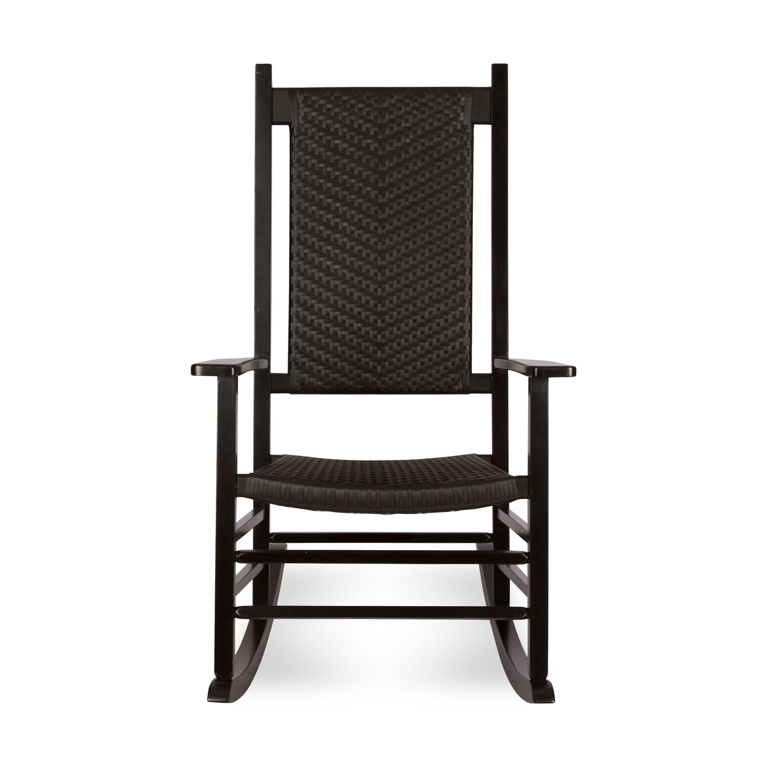 A black rocking chair with a woven wicker-style backrest and seat, shown from the front against a plain white background. 