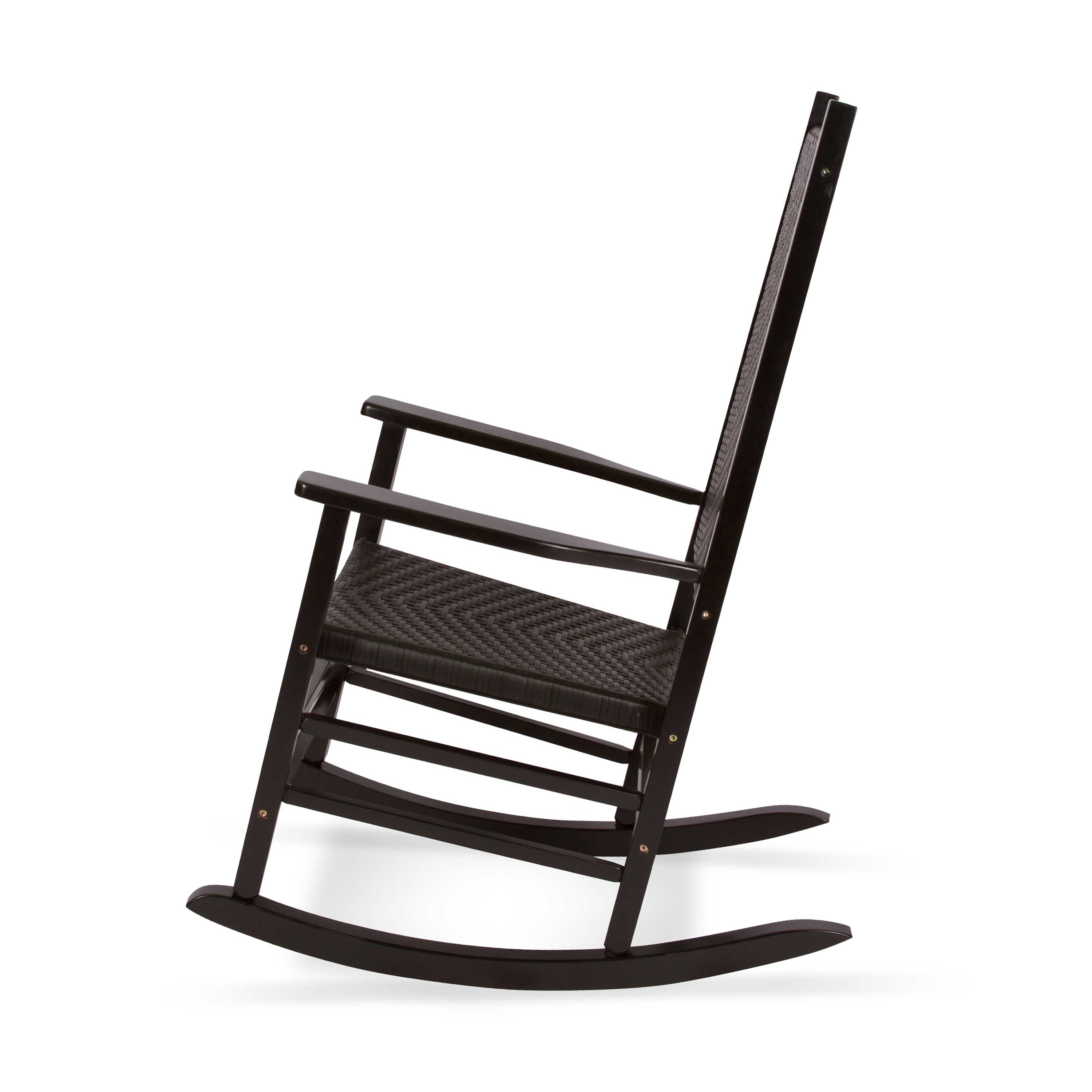 A classic wooden rocking chair with a black finish, featuring a slatted seat, armrests, and a tall turned-back spindle backrest, shown from a three-quarters angle on a white background. 