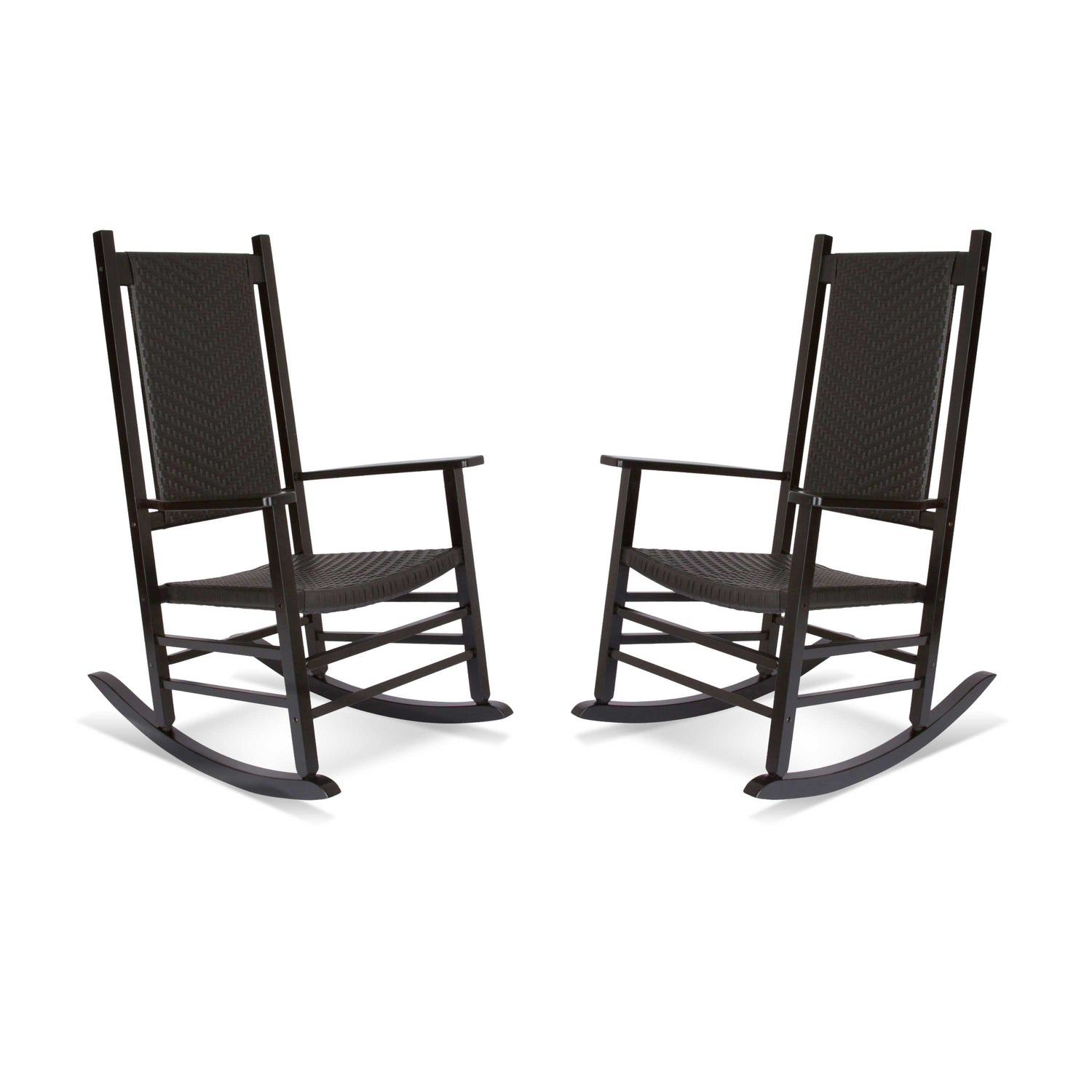 Two black rocking chairs on a white background 