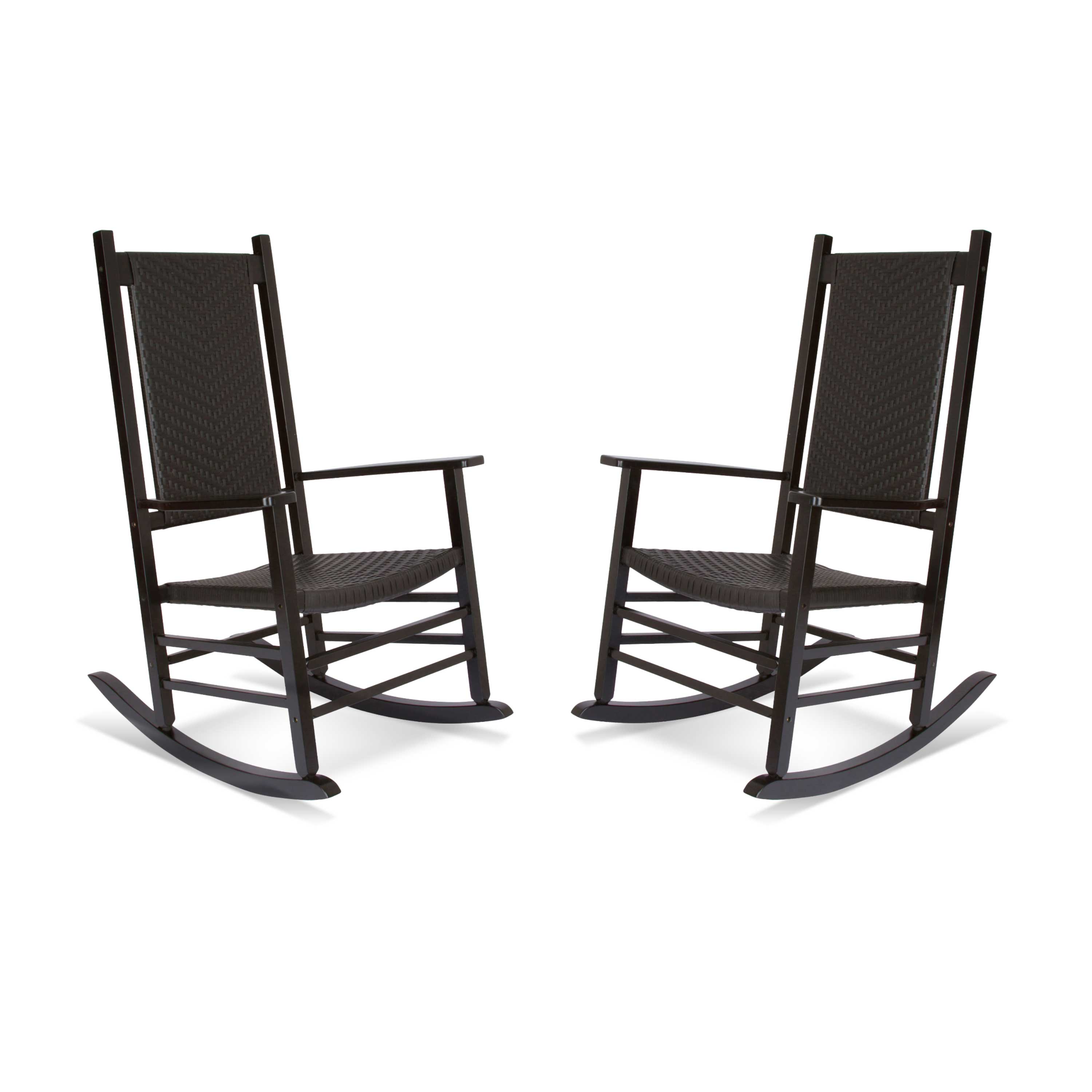 Two black rocking chairs on a white background 