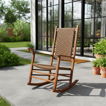 A wooden rocking chair with a woven wicker-style seat and back is shown outdoors on a patio in front of a modern glass house. The chair has a warm medium-brown wood frame and a tan woven pattern, with greenery and potted plants in the background. 