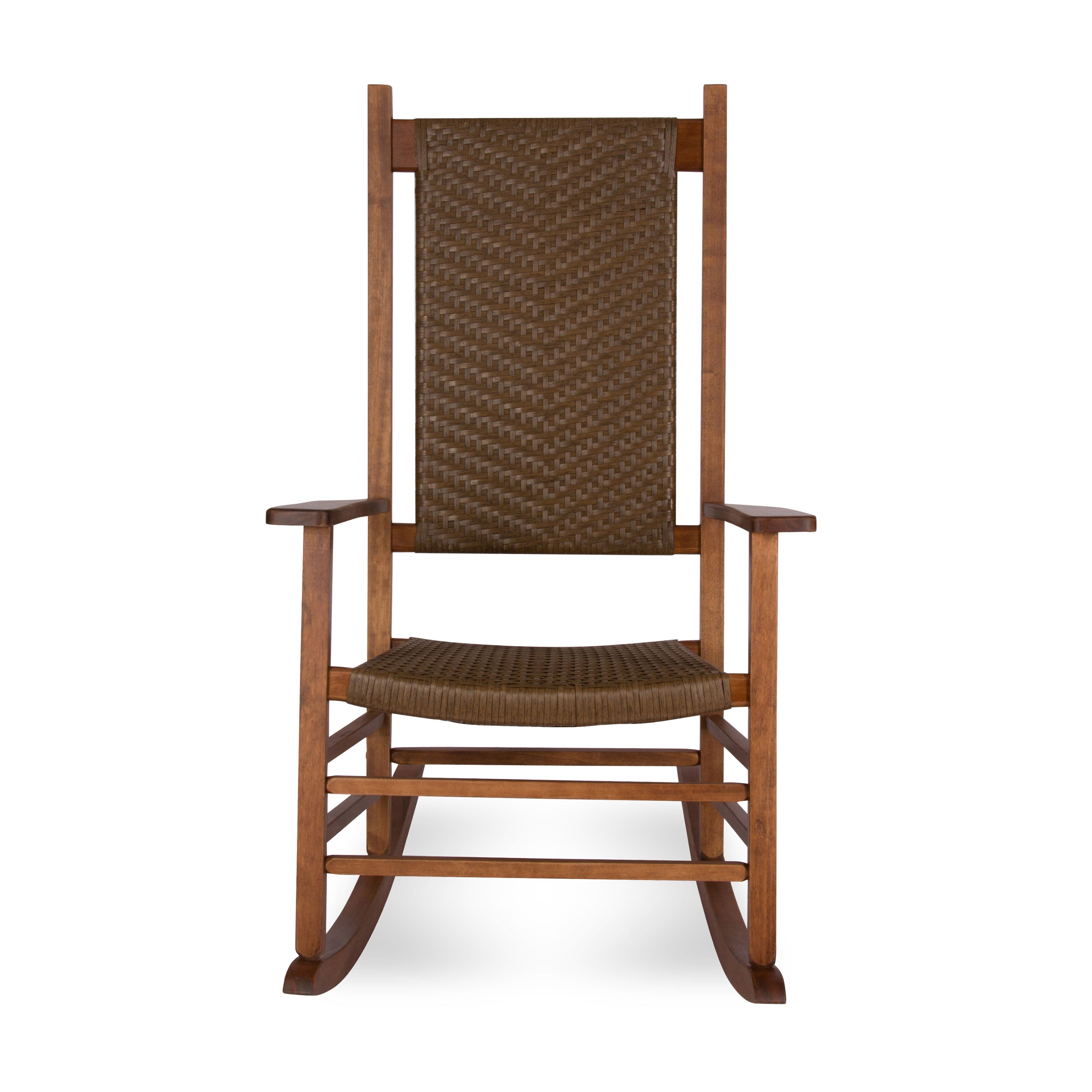 A wooden rocking chair with a tall woven brown wicker backrest and seat, shown against a plain white  background. 