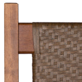Close-up of a woven outdoor chair or hammock with a brown wooden frame and a brown-gray woven sling on a white background. 