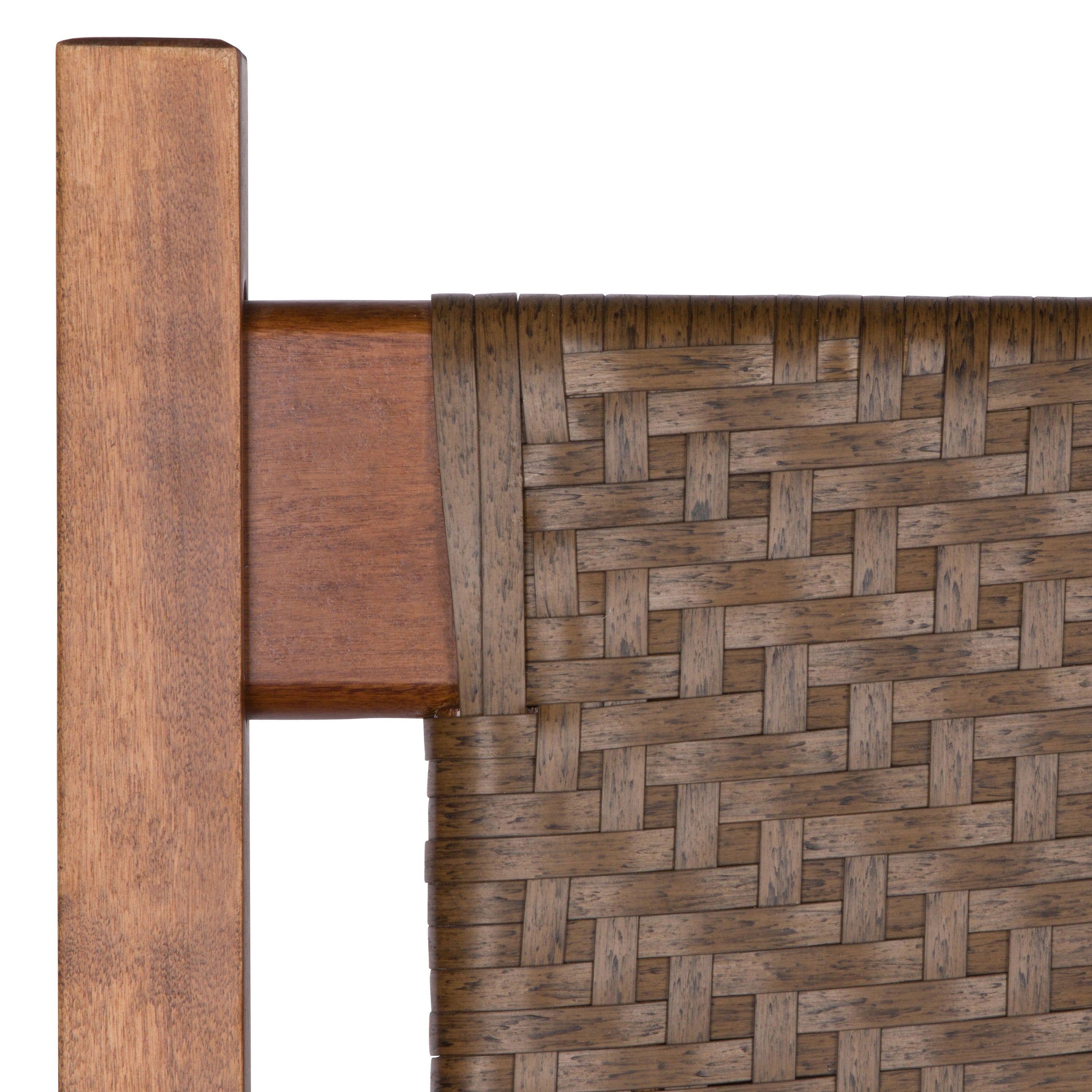 Close-up of a woven outdoor chair or hammock with a brown wooden frame and a brown-gray woven sling on a white background. 