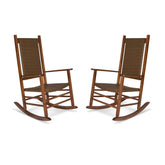Two wooden rocking chairs with brown woven sling seats and backs, shown side by side on a plain white background. 