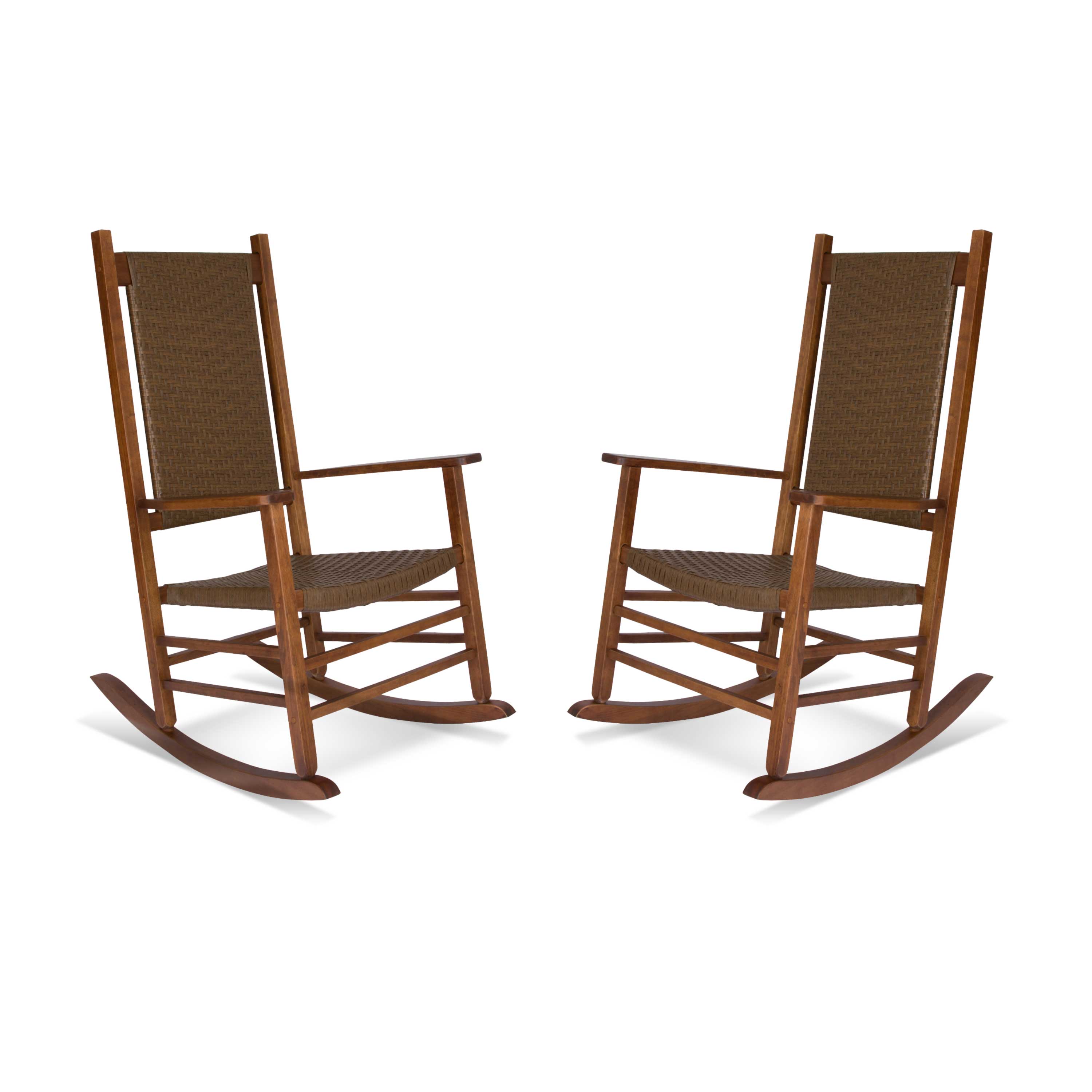 Two wooden rocking chairs with brown woven sling seats and backs, shown side by side on a plain white background. 
