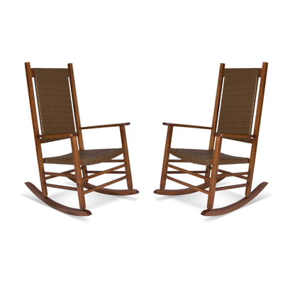 Two wooden rocking chairs with brown woven sling seats and backs, shown side by side on a plain white background. 