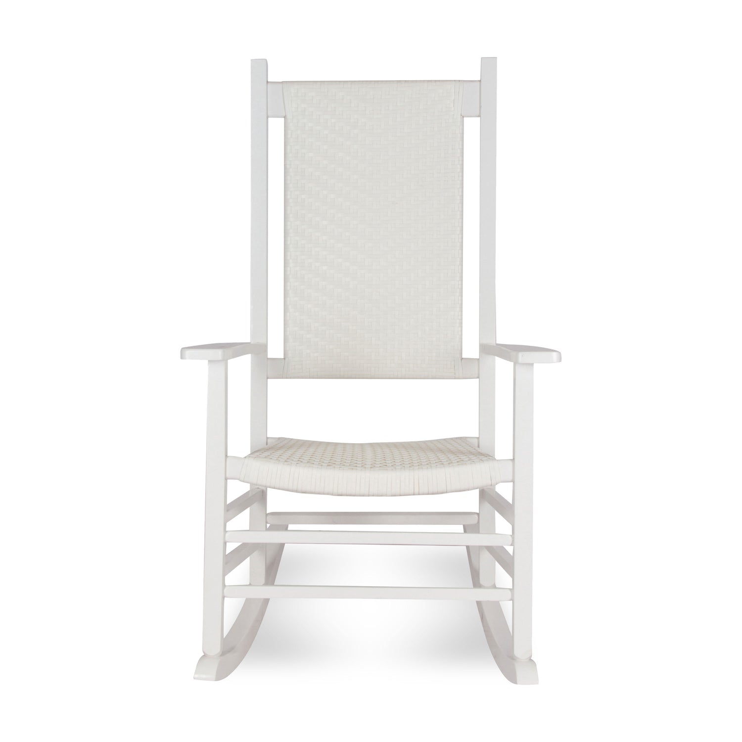 A white rocking chair with a high back, featuring a woven sling-style backrest and seat, shown against a plain white background. 