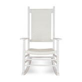 A white rocking chair with a high back, featuring a woven sling-style backrest and seat, shown against a plain white background. 