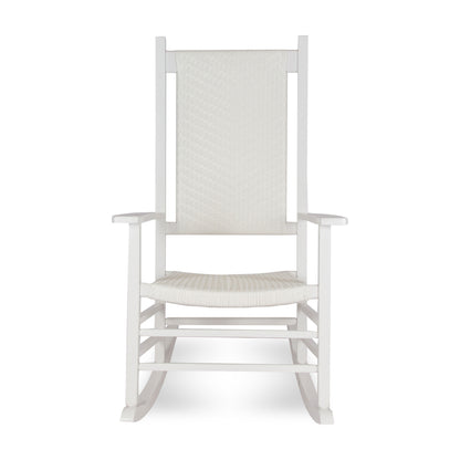 A white rocking chair with a high back, featuring a woven sling-style backrest and seat, shown against a plain white background. 