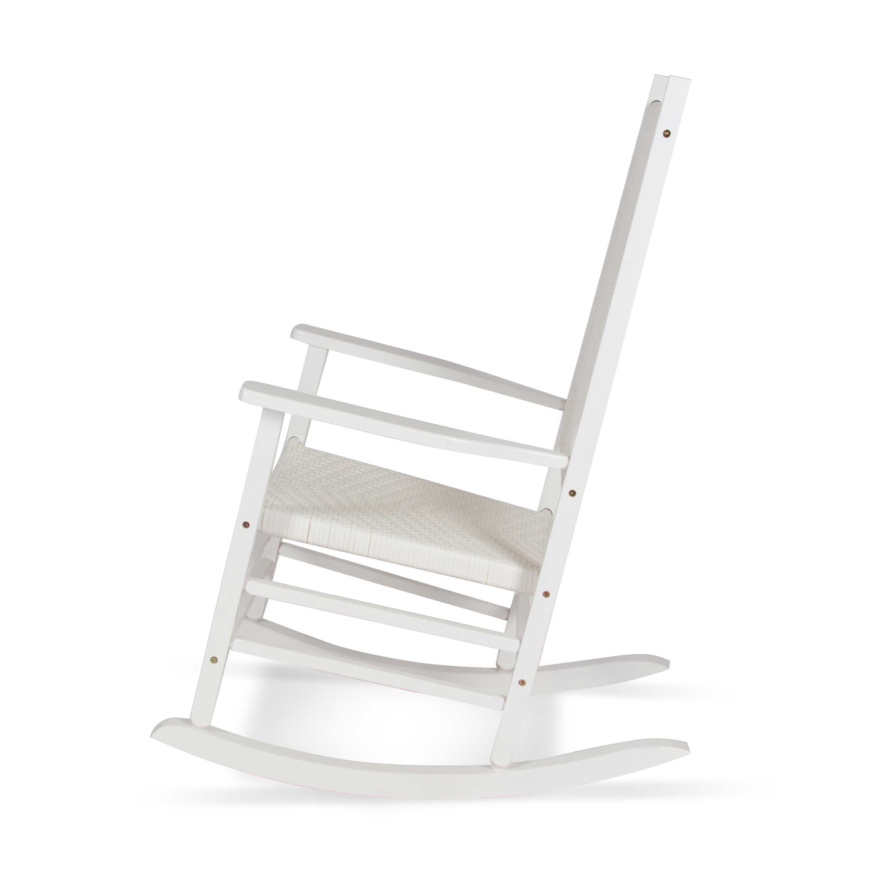 A white wooden rocking chair with a woven seat cushion, shown from a side angle against a plain white background. 