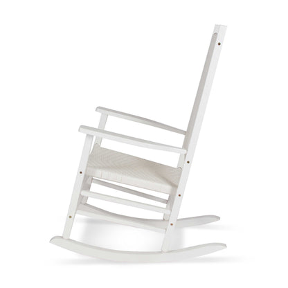 A white wooden rocking chair with a woven seat cushion, shown from a side angle against a plain white background. 