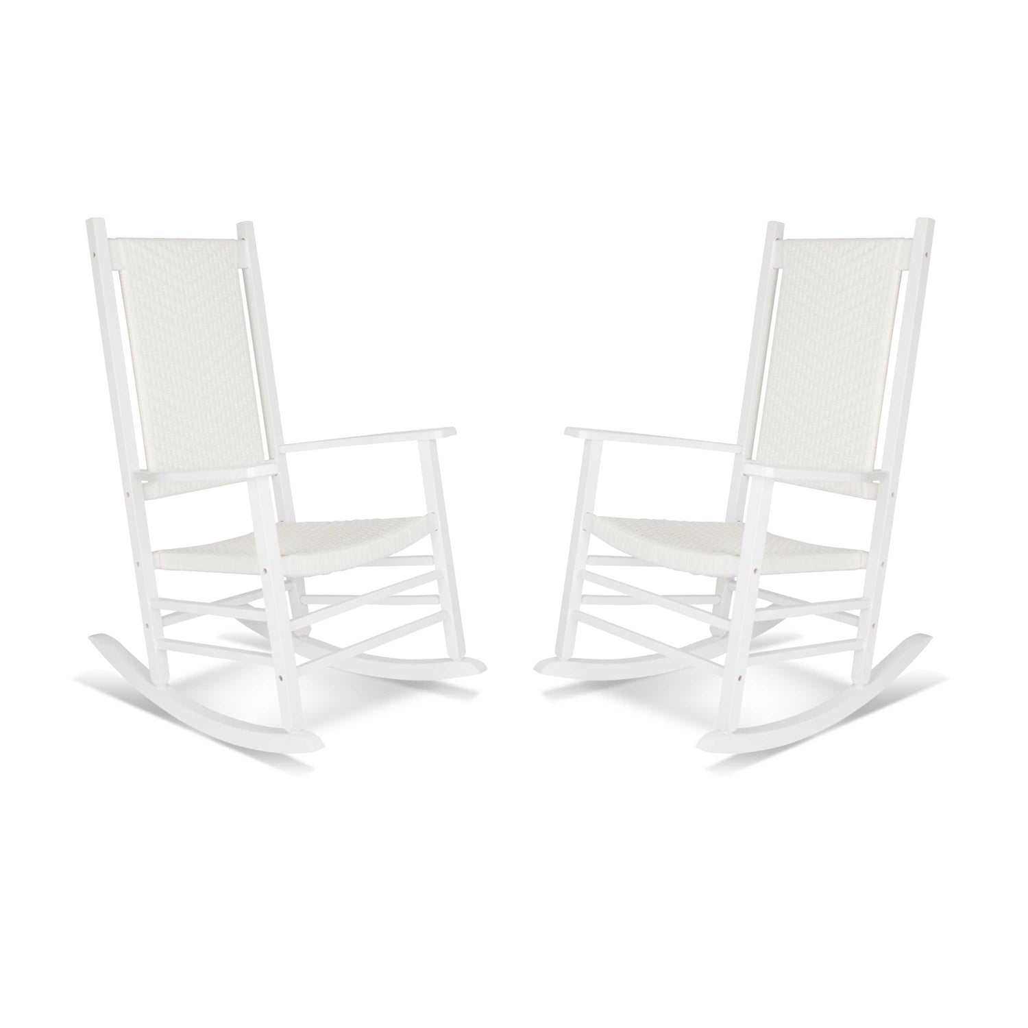Two white rocking chairs with woven sling backs and seats, shown side by side on a plain white background. 