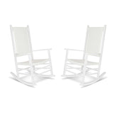 Two white rocking chairs with woven sling backs and seats, shown side by side on a plain white background. 