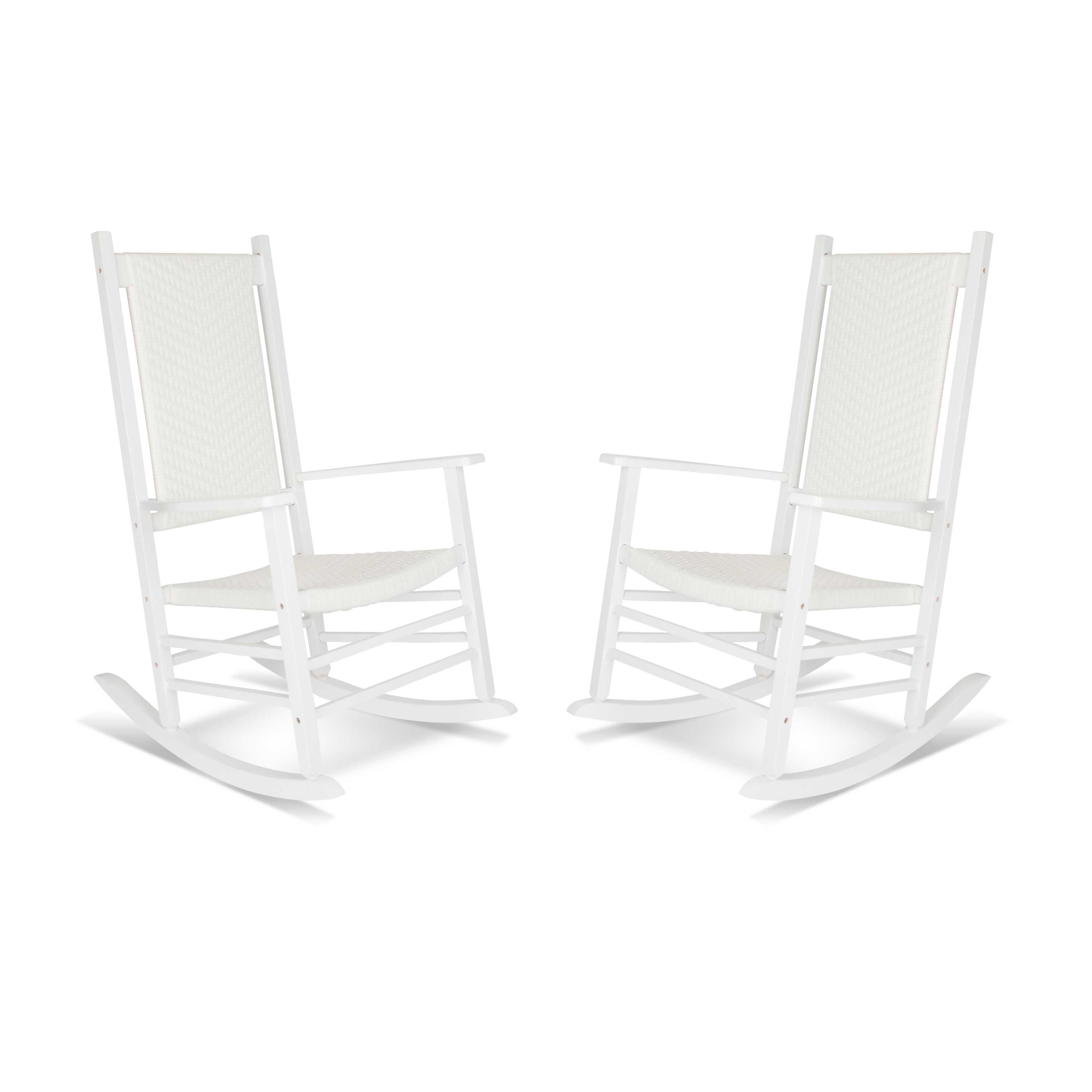 Two white rocking chairs with woven sling backs and seats, shown side by side on a plain white background. 