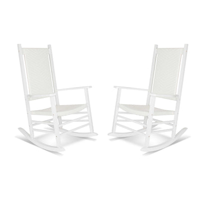Two white rocking chairs with woven sling backs and seats, shown side by side on a plain white background. 