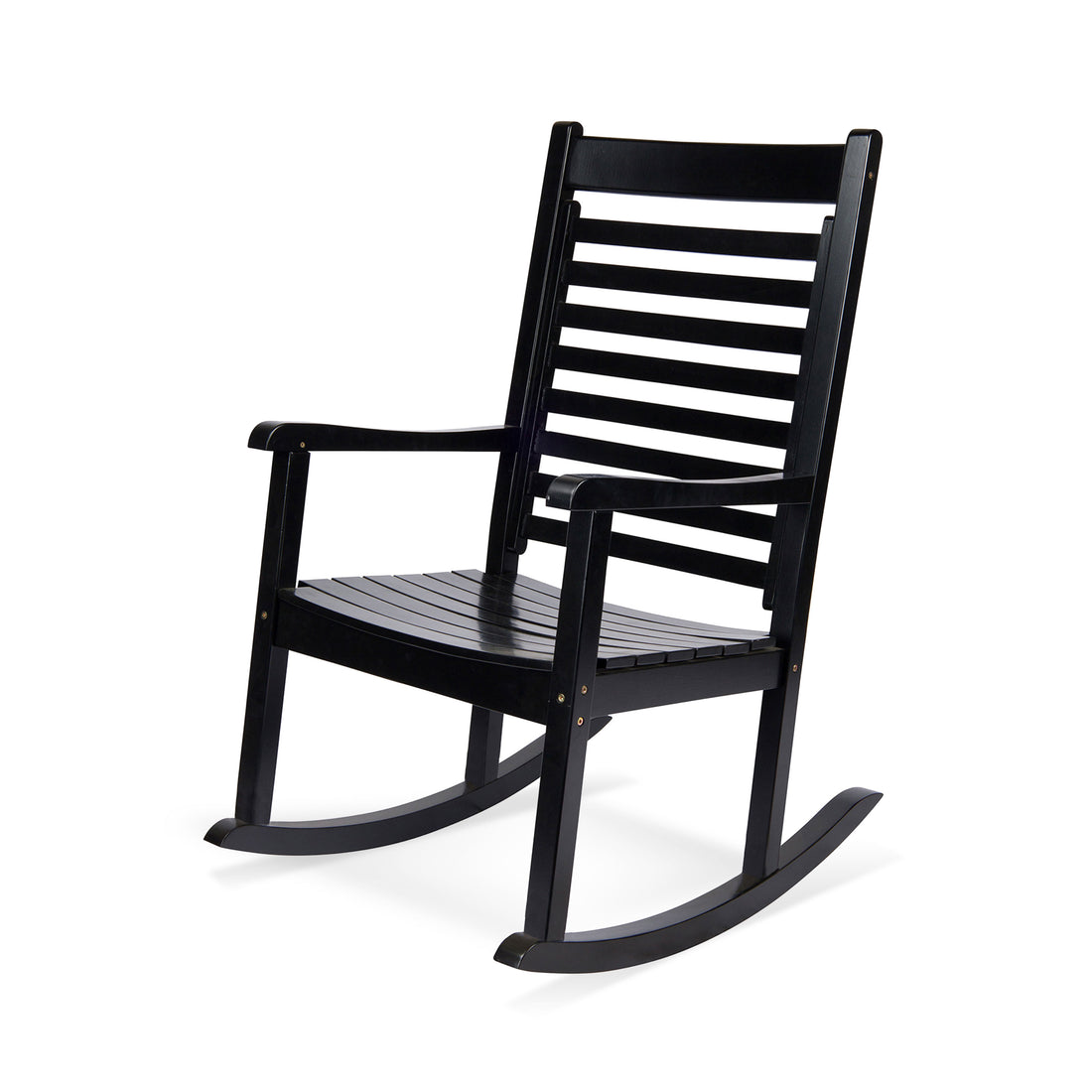 A black slatted rocking chair photographed on a clean white studio background. 