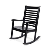 A black slatted rocking chair photographed on a clean white studio background. 
