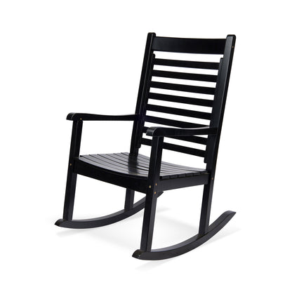 A black slatted rocking chair photographed on a clean white studio background. 
