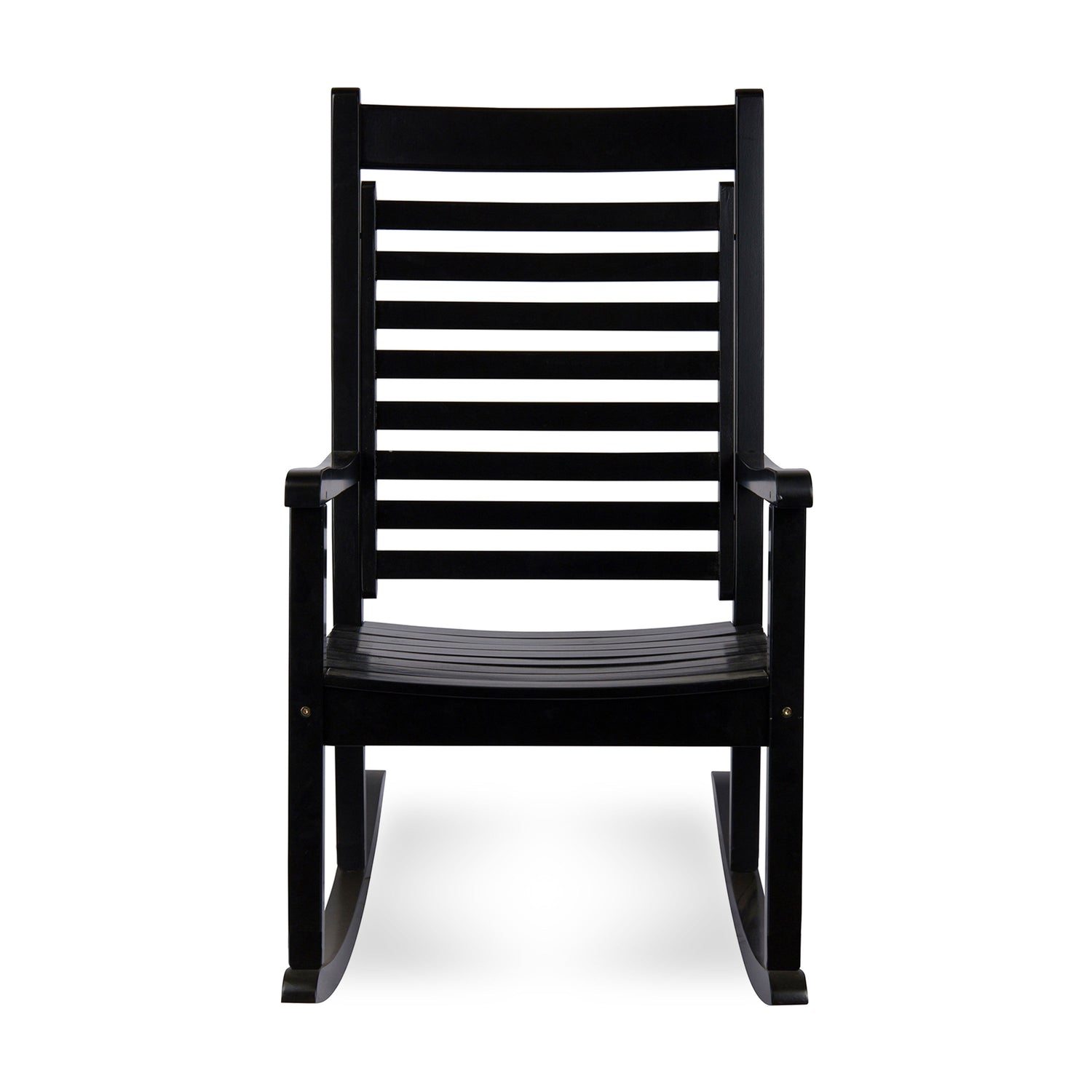 A black wooden rocking chair with a high slatted backrest and curved rockers, shown from the front against a white background. 