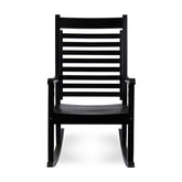 A black wooden rocking chair with a high slatted backrest and curved rockers, shown from the front against a white background. 