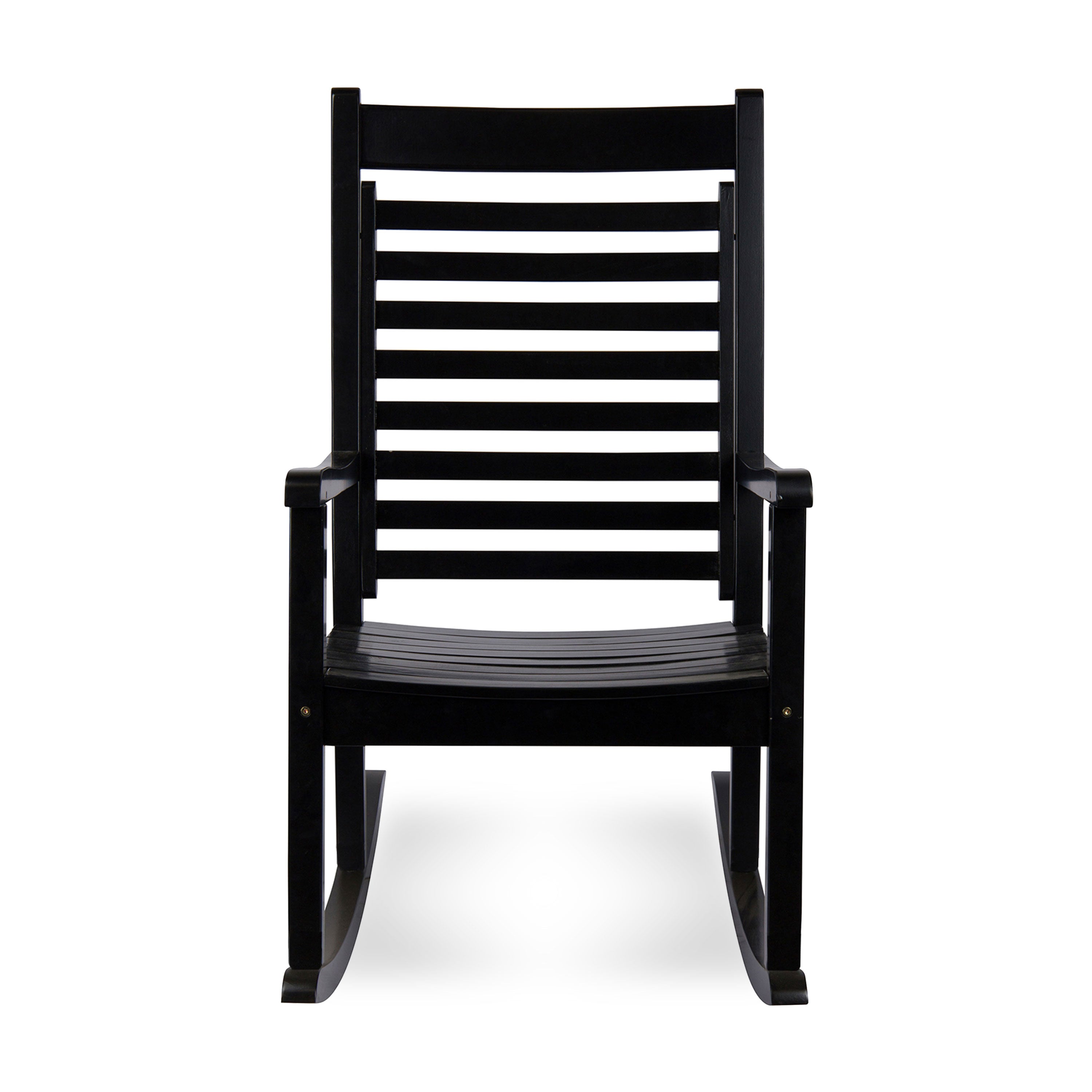 A black wooden rocking chair with a high slatted backrest and curved rockers, shown from the front against a white background. 