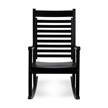 A black wooden rocking chair with a high slatted backrest and curved rockers, shown from the front against a white background. 