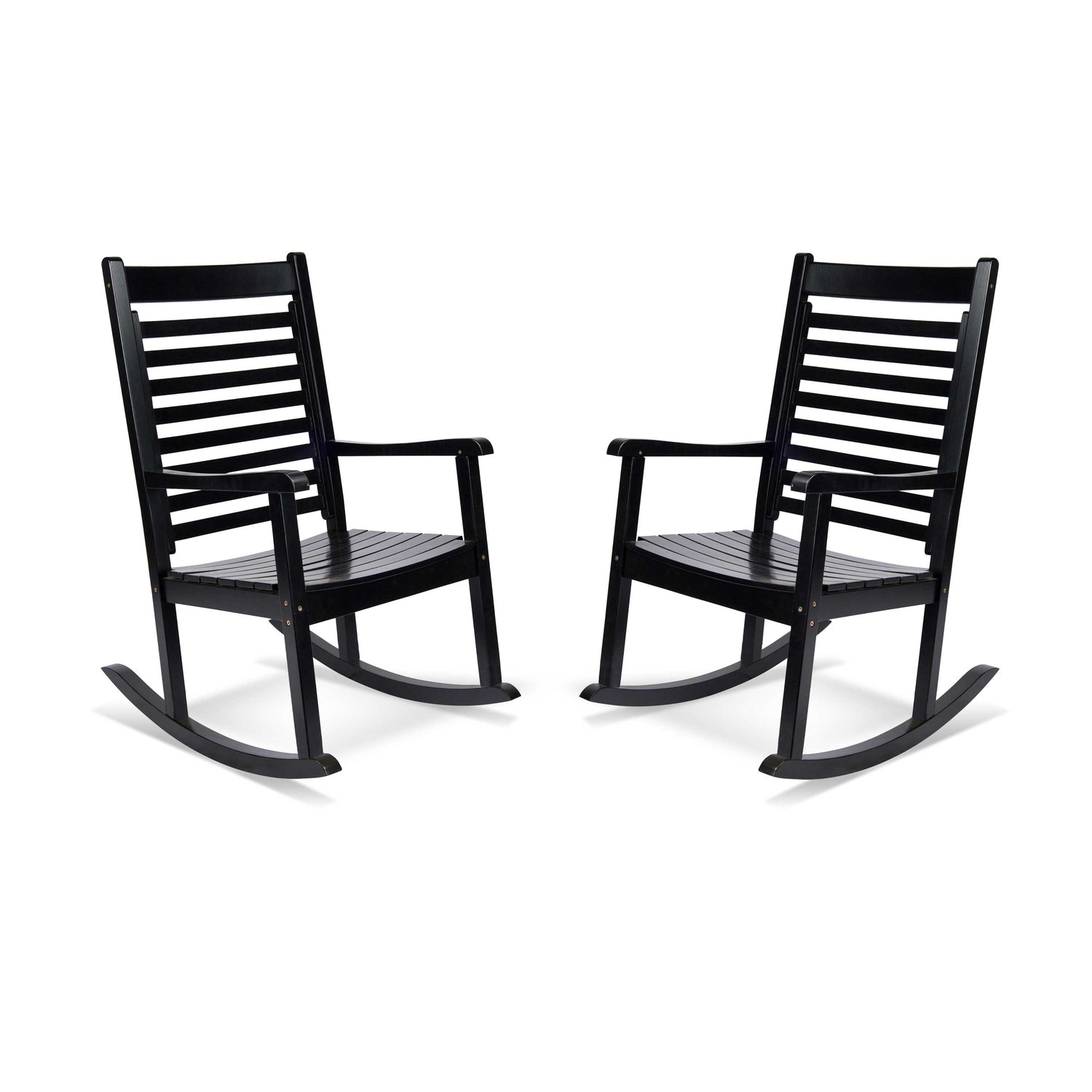 Two black outdoor rocking chairs with slatted backs and seats, shown side by side on a plain white background. 