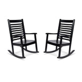 Two black outdoor rocking chairs with slatted backs and seats, shown side by side on a plain white background. 