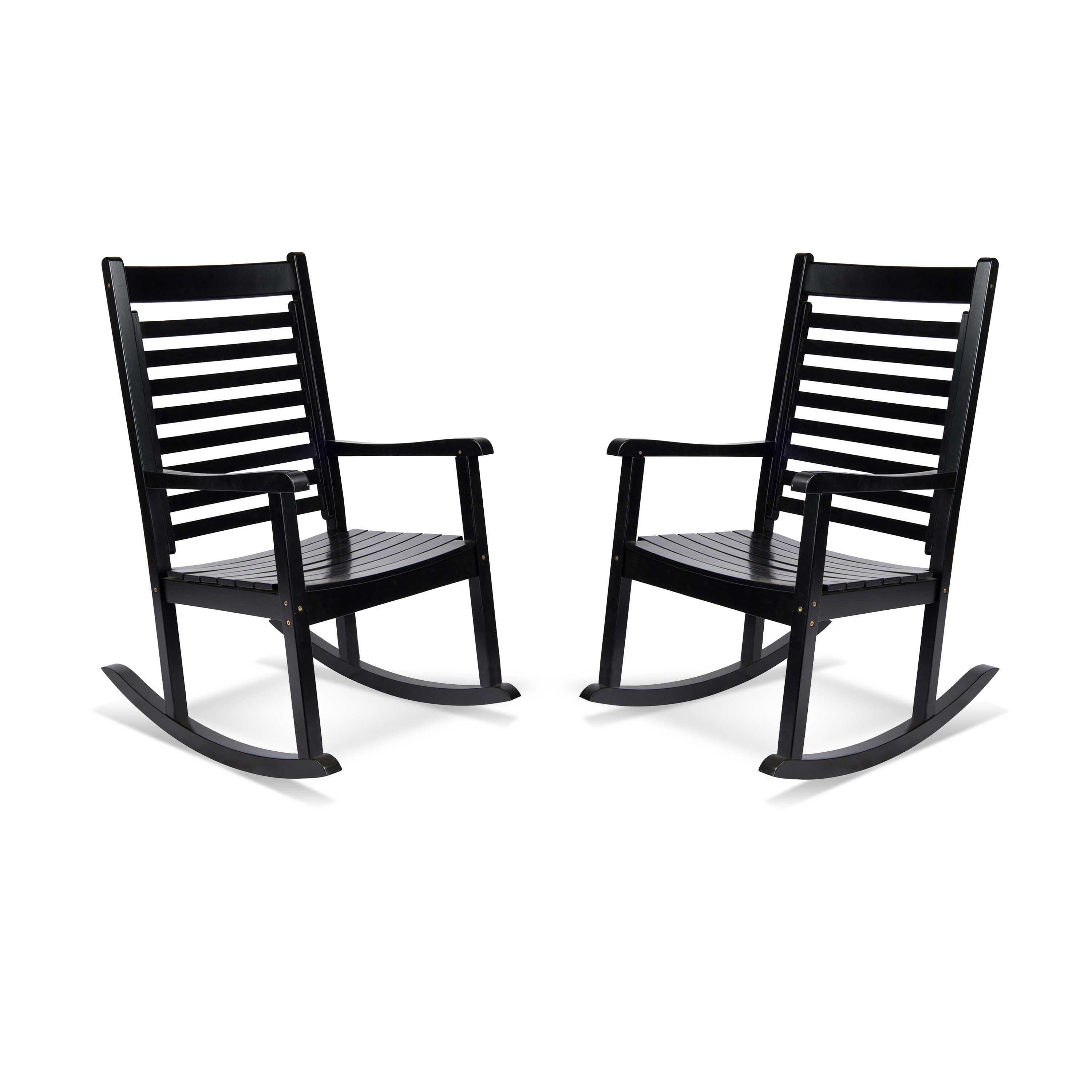 Two black outdoor rocking chairs with slatted backs and seats, shown side by side on a plain white background. 