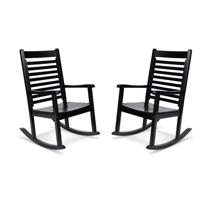 Two black outdoor rocking chairs with slatted backs and seats, shown side by side on a plain white background. 