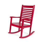 A bright red wooden rocking chair with a slatted back and seat, shown at a three-quarter angle on a plain white background. 