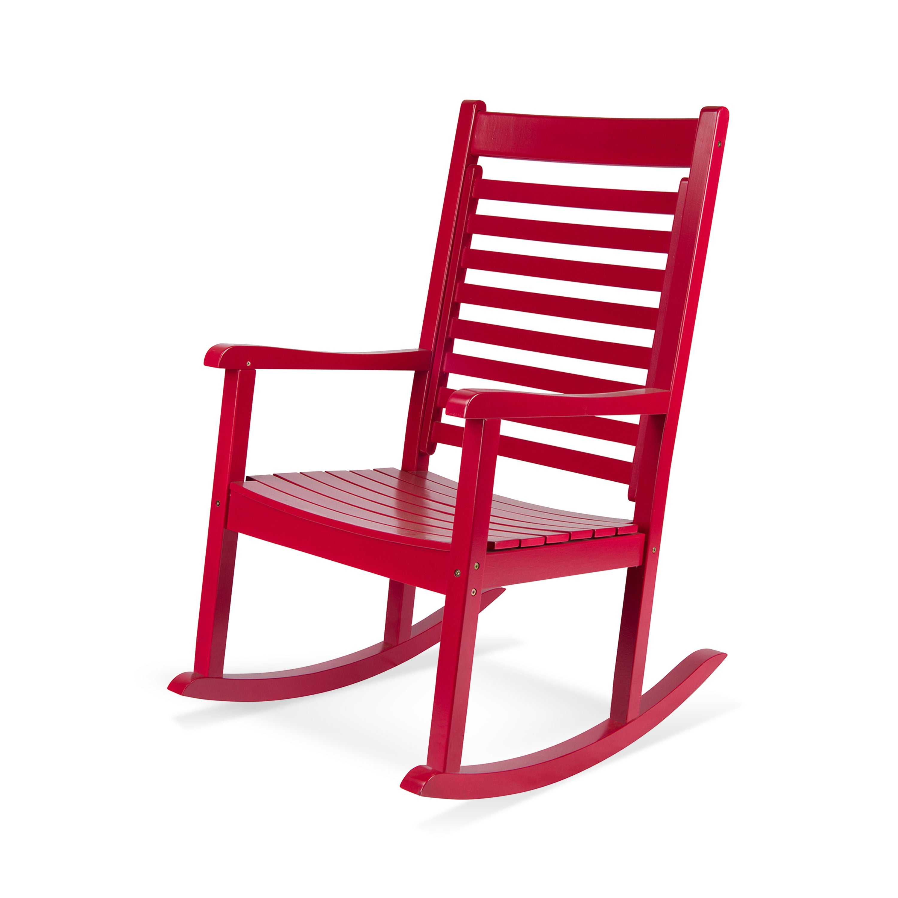 A bright red wooden rocking chair with a slatted back and seat, shown at a three-quarter angle on a plain white background. 