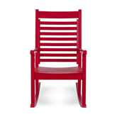 A bright red wooden rocking chair with a slatted back and seat, shown from the front against a plain white background. 