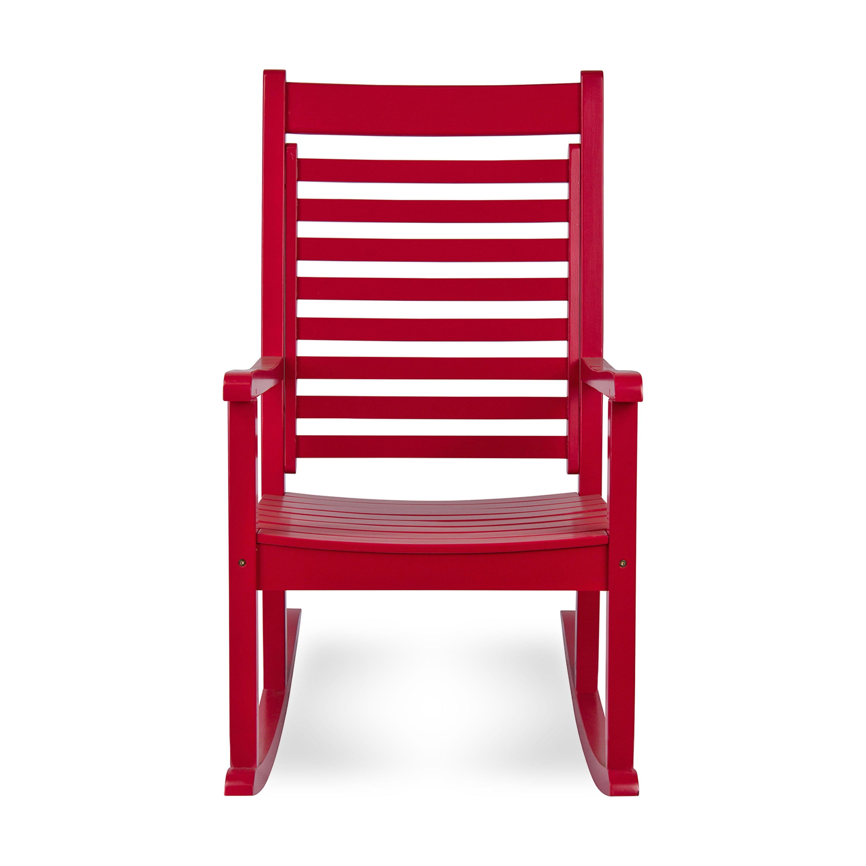 A bright red wooden rocking chair with a slatted back and seat, shown from the front against a plain white background. 