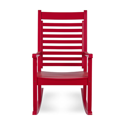 A bright red wooden rocking chair with a slatted back and seat, shown from the front against a plain white background. 