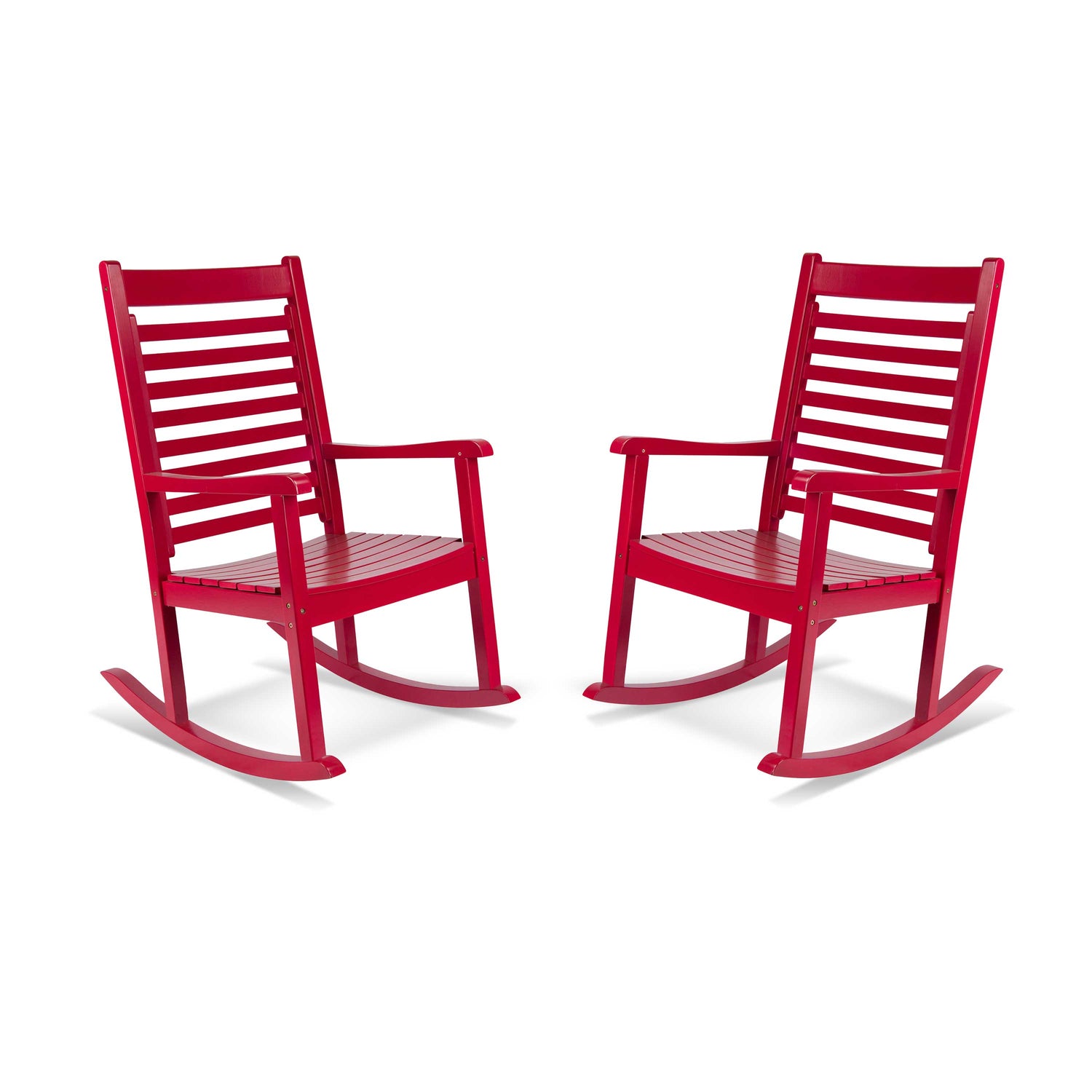 Two bright red outdoor rocking chairs with slatted backs and seats, shown side by side on a clean white background. 