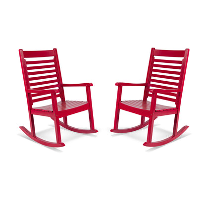 Two bright red outdoor rocking chairs with slatted backs and seats, shown side by side on a clean white background. 