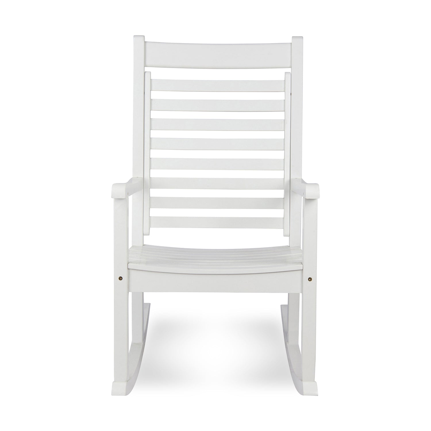A white outdoor rocking chair with a high slatted backrest and curved rockers, shown against a plain white background.  