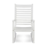 A white outdoor rocking chair with a high slatted backrest and curved rockers, shown against a plain white background.  