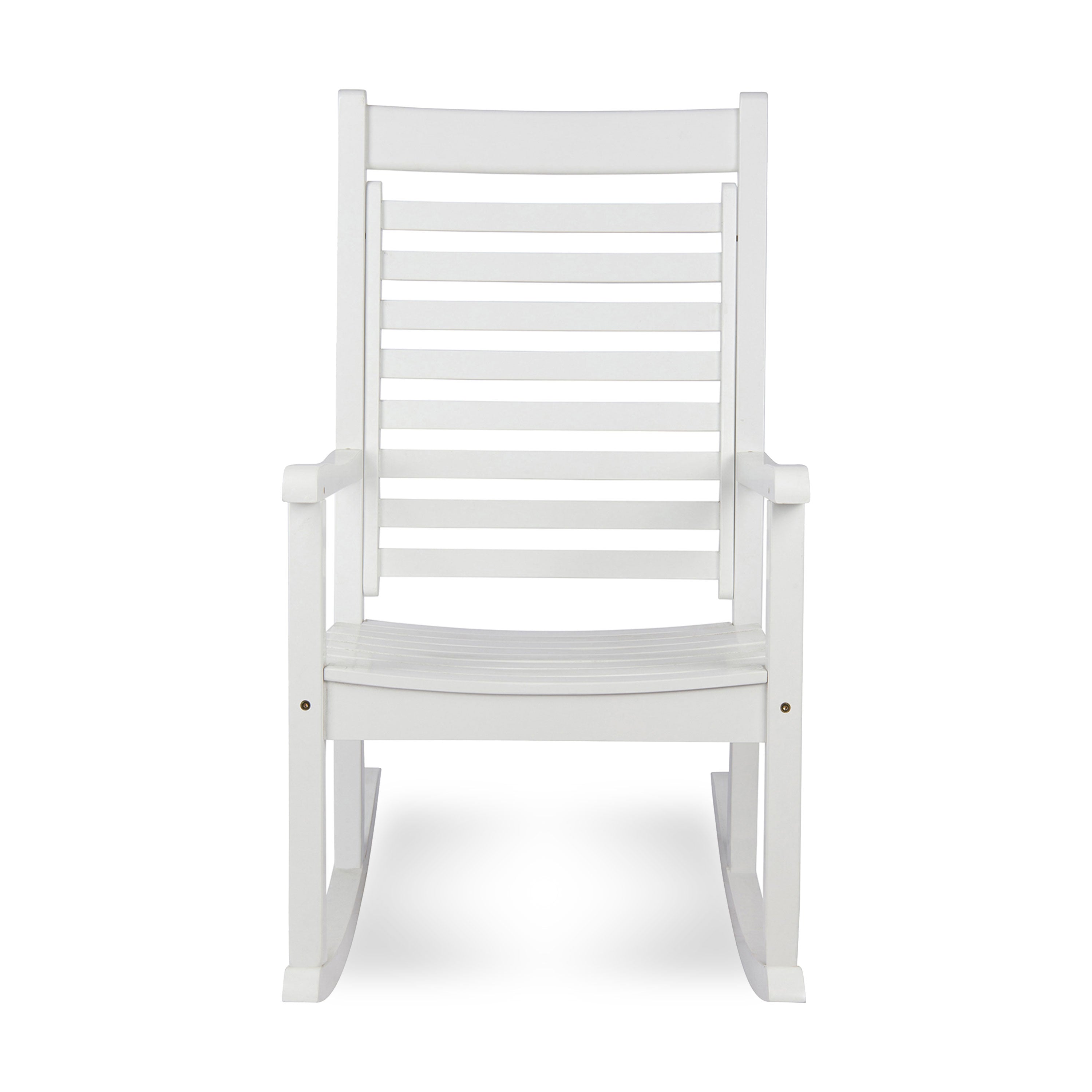 A white outdoor rocking chair with a high slatted backrest and curved rockers, shown against a plain white background.  