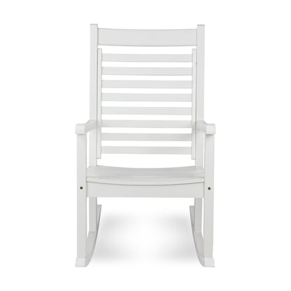 A white outdoor rocking chair with a high slatted backrest and curved rockers, shown against a plain white background.  