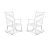 Two white outdoor rocking chairs shown side by side on a clean white background. 