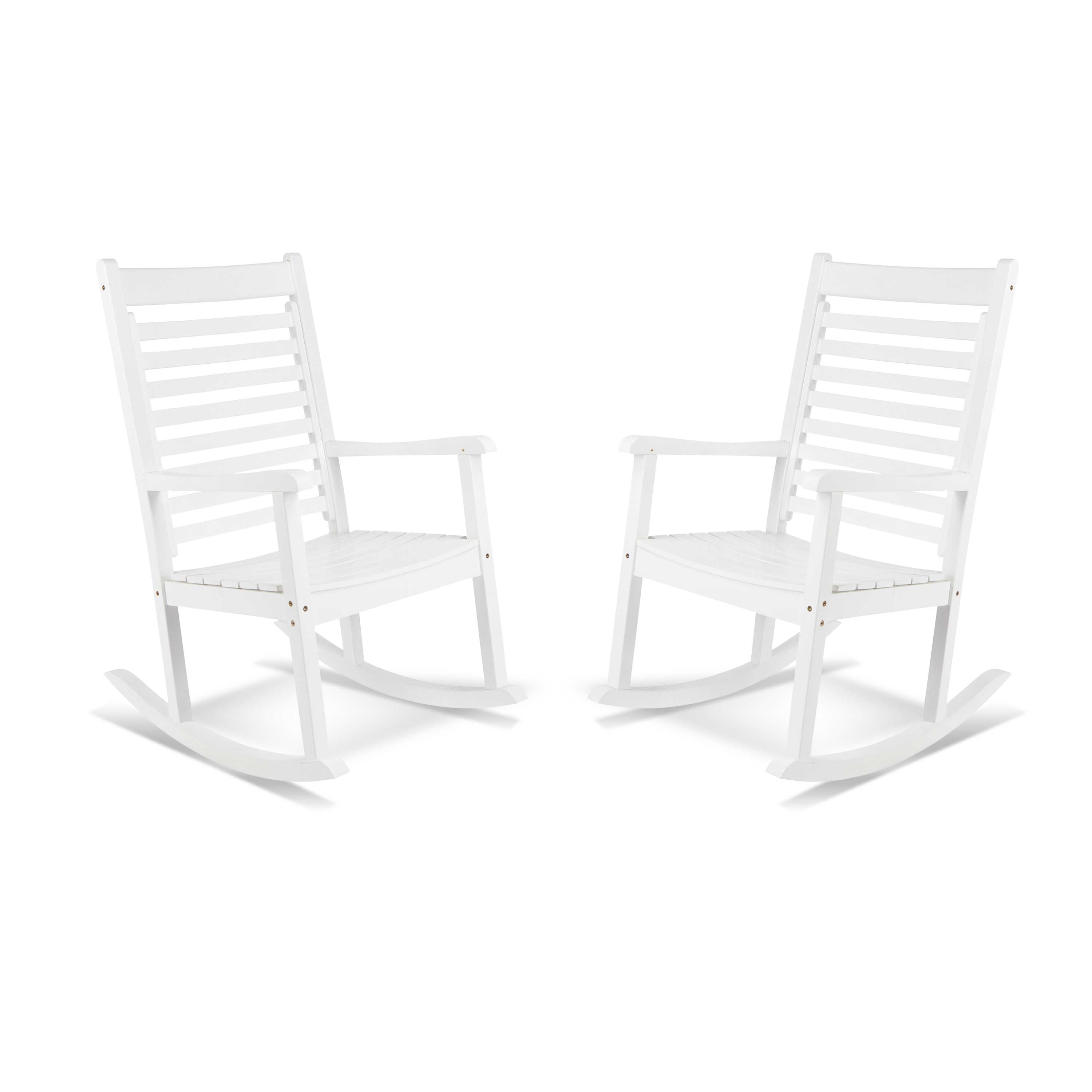 Two white outdoor rocking chairs shown side by side on a clean white background. 