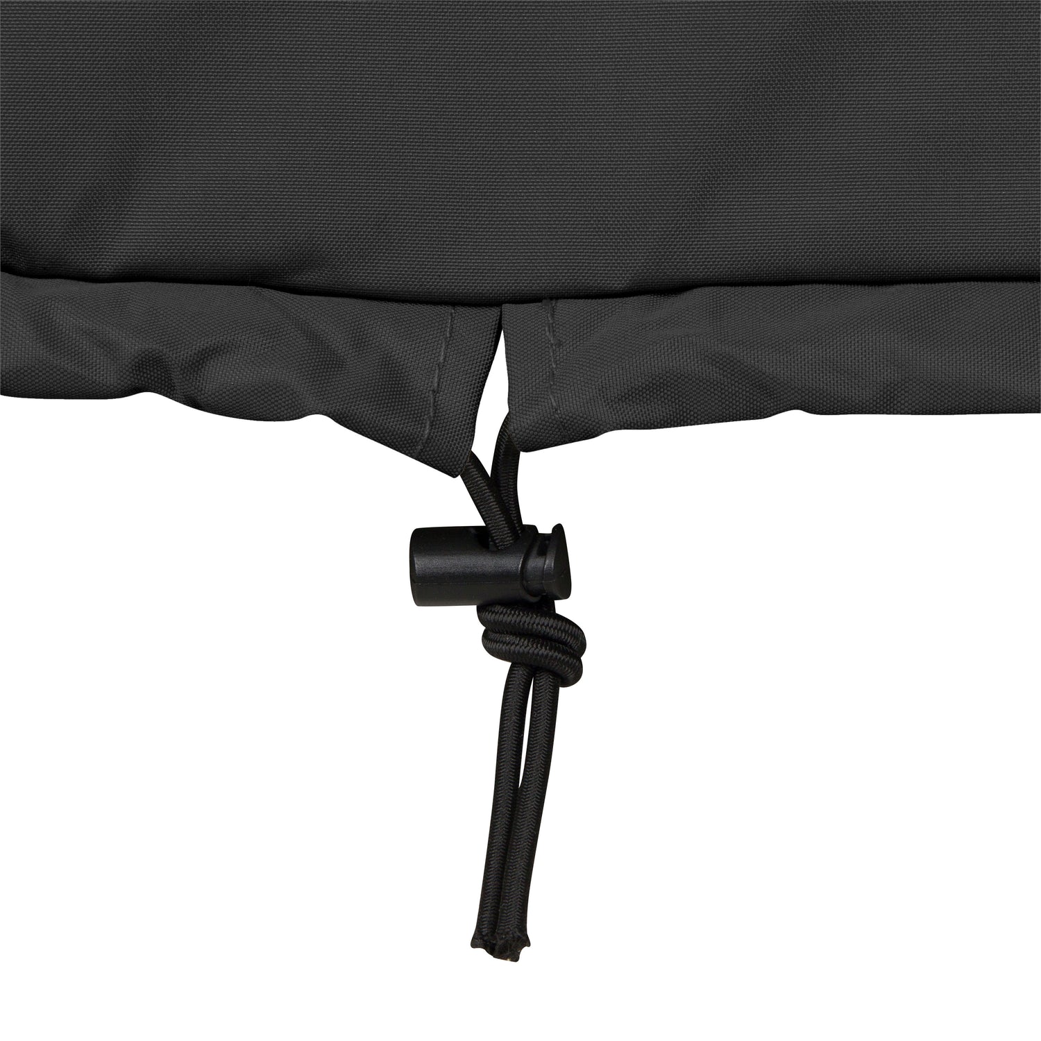 Close-up of a black fabric cover with a drawstring cord and toggle, shown against a plain white background.  