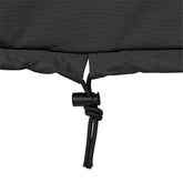 Close-up of a black fabric cover with a drawstring cord and toggle, shown against a plain white background.  
