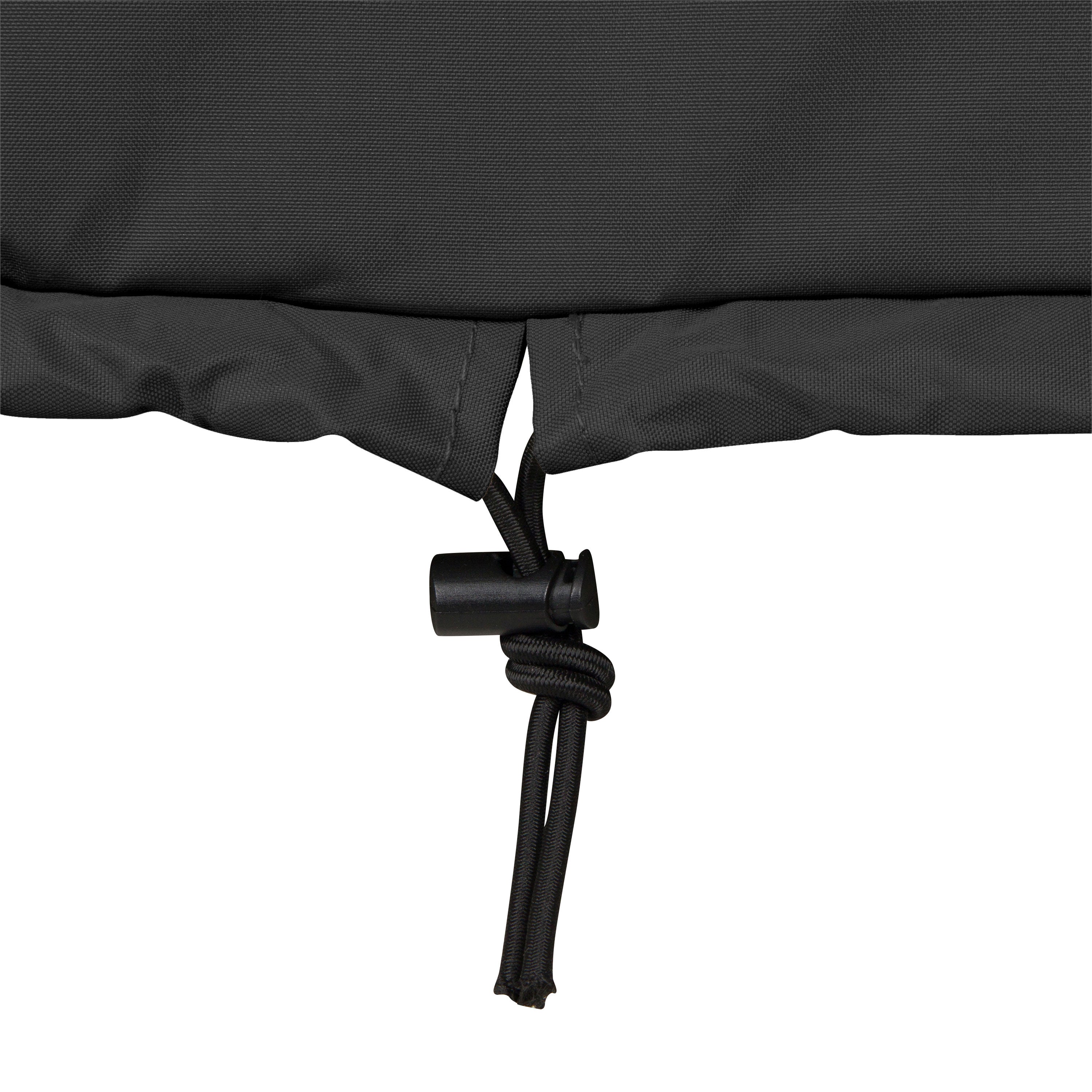 Close-up of a black fabric cover with a drawstring cord and toggle, shown against a plain white background.  