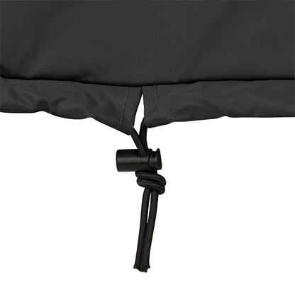 Close-up of a black fabric cover with a drawstring cord and toggle, shown against a plain white background.  