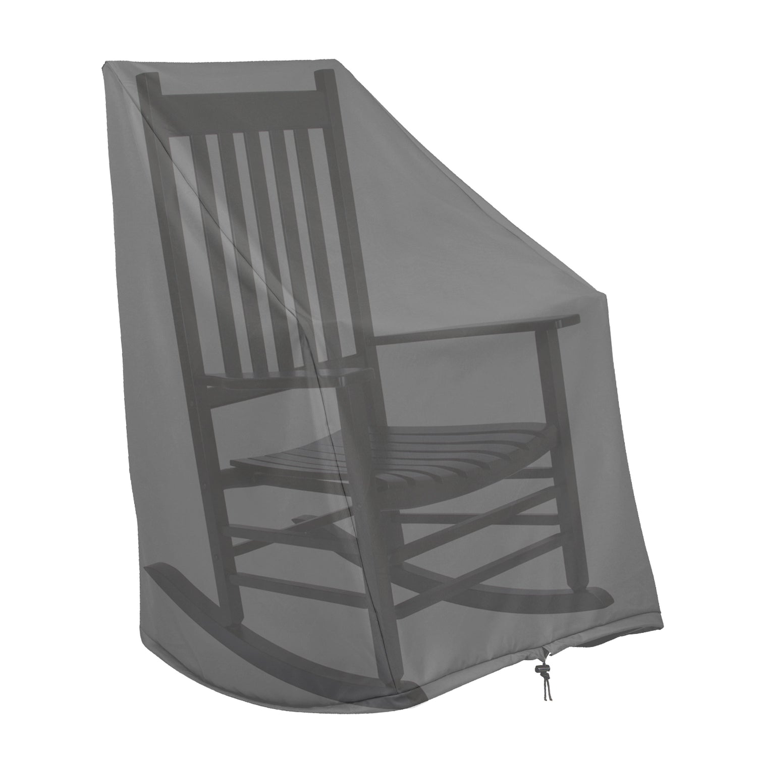 A dark gray outdoor cover designed for a rocking chair, shown draped over a wooden rocking chair against a plain white background. 